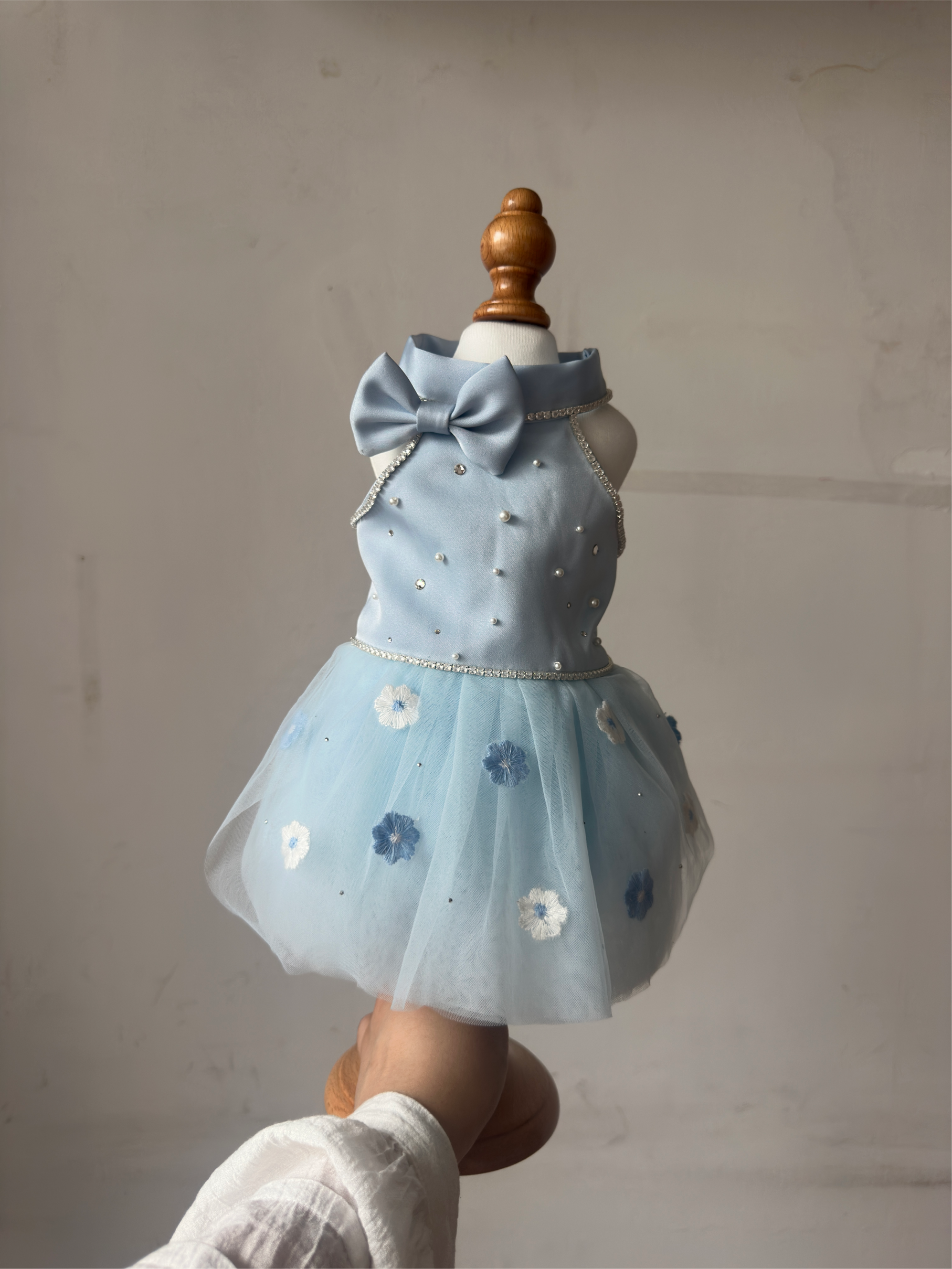 Custom Handmade Satin Tulle Dog Dress | Misty Blue