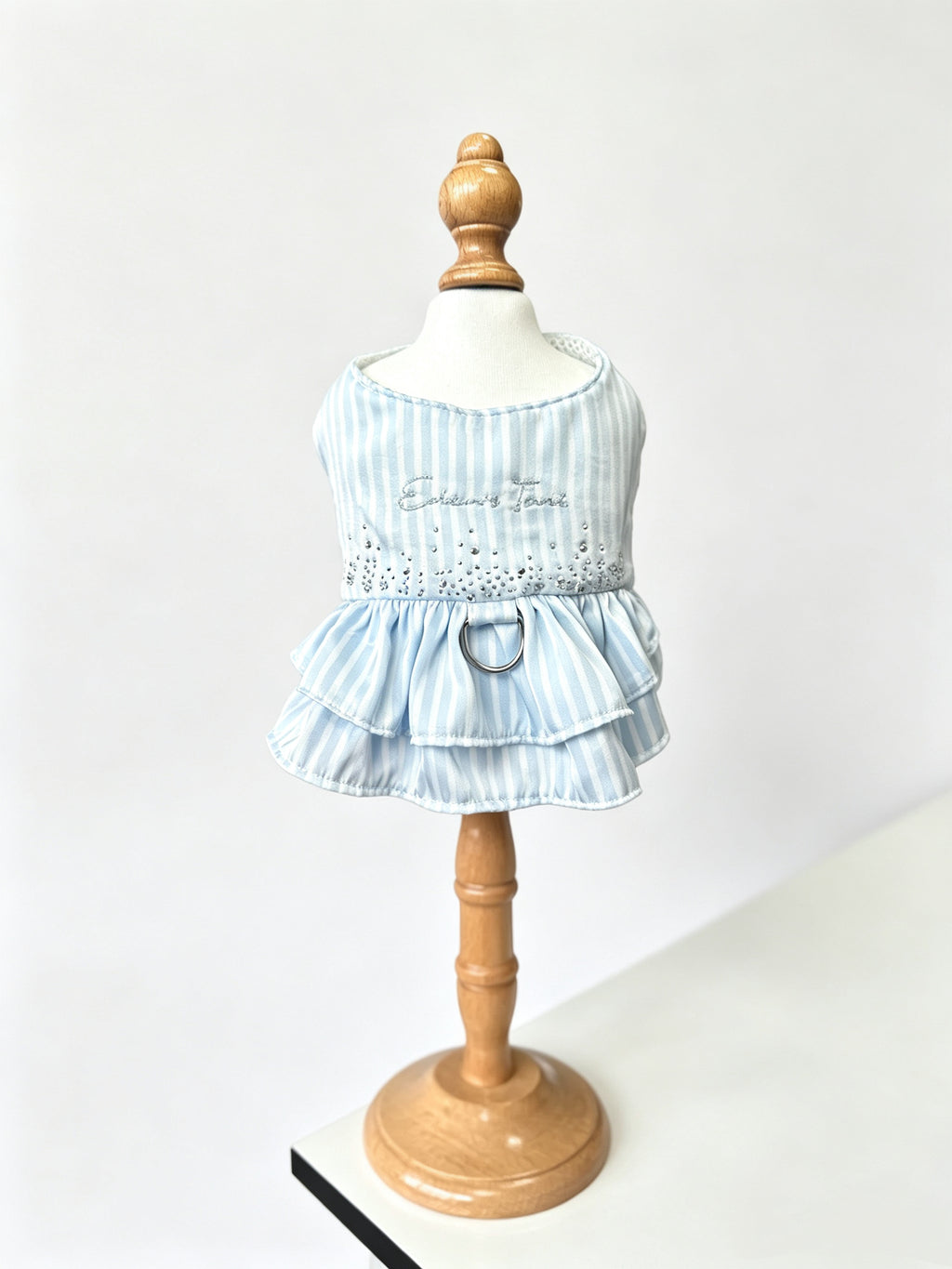 Light Blue Striped Dog Dress with D-Ring Harness - Rhinestone & Embroidery Summer Pet Apparel for Small Dogs & Cats