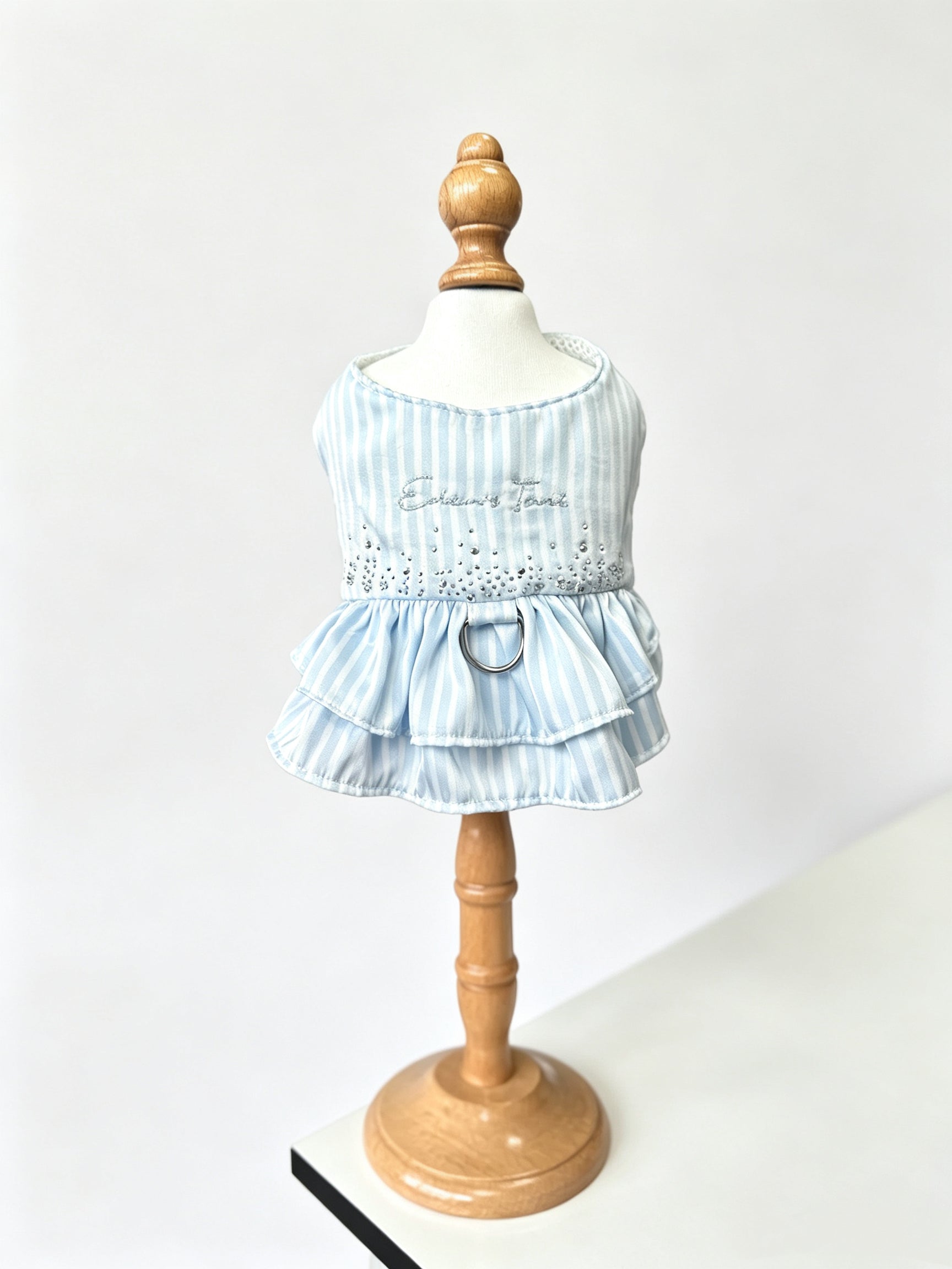Light Blue Striped Dog Dress with D-Ring Harness - Rhinestone & Embroidery Summer Pet Apparel for Small Dogs & Cats