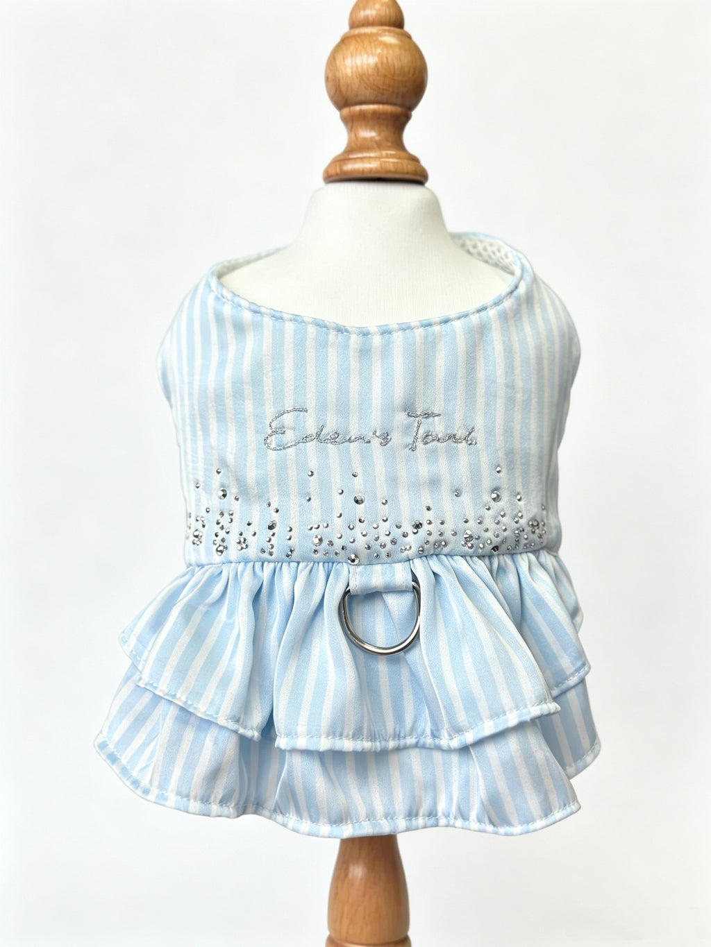 Light Blue Striped Dog Dress with D-Ring Harness - Rhinestone & Embroidery Summer Pet Apparel for Small Dogs & Cats