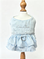 Light Blue Striped Dog Dress with D-Ring Harness - Rhinestone & Embroidery Summer Pet Apparel for Small Dogs & Cats