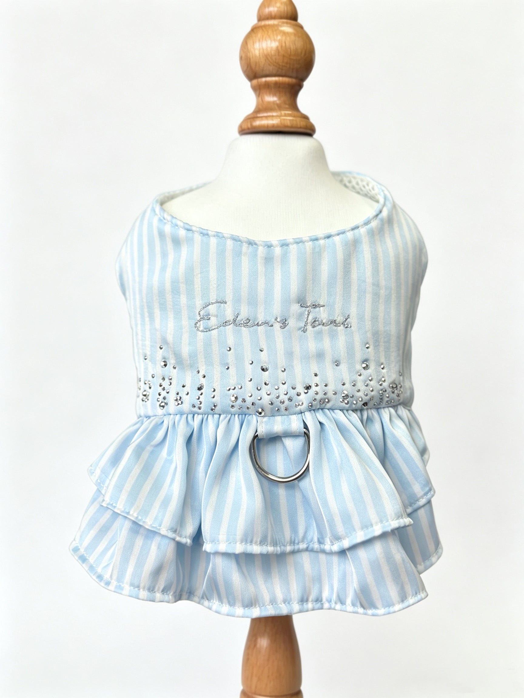 Light Blue Striped Dog Dress with D-Ring Harness - Rhinestone & Embroidery Summer Pet Apparel for Small Dogs & Cats