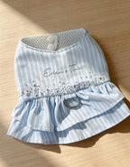 Light Blue Striped Dog Dress with D-Ring Harness - Rhinestone & Embroidery Summer Pet Apparel for Small Dogs & Cats