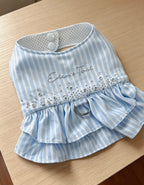 Light Blue Striped Dog Dress with D-Ring Harness - Rhinestone & Embroidery Summer Pet Apparel for Small Dogs & Cats