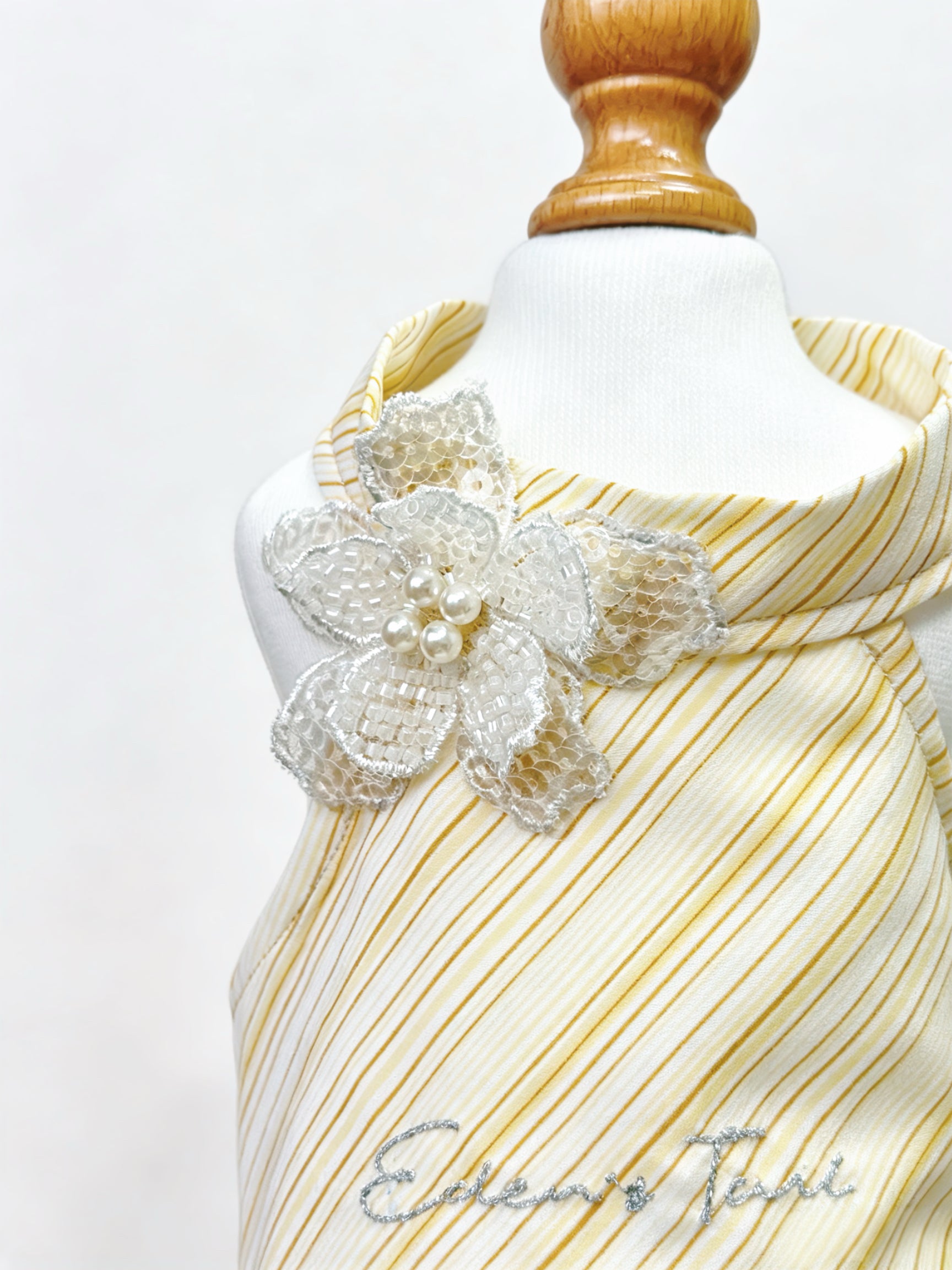 French Vintage Lemon Yellow Striped Dog Dress | Cute Princess Puppy Outfit with Pearls & Lace Flower
