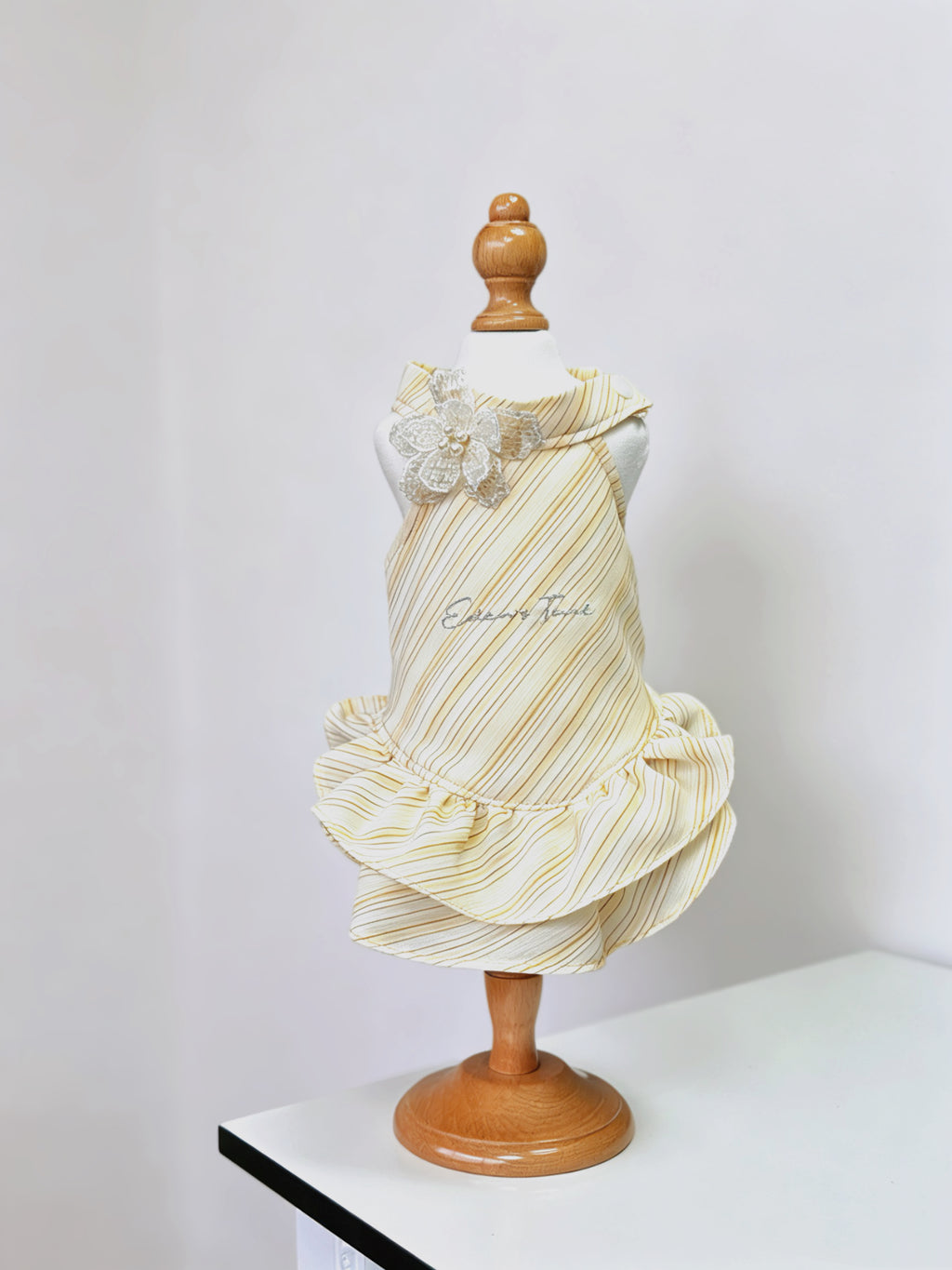 French Vintage Lemon Yellow Striped Dog Dress | Cute Princess Puppy Outfit with Pearls & Lace Flower