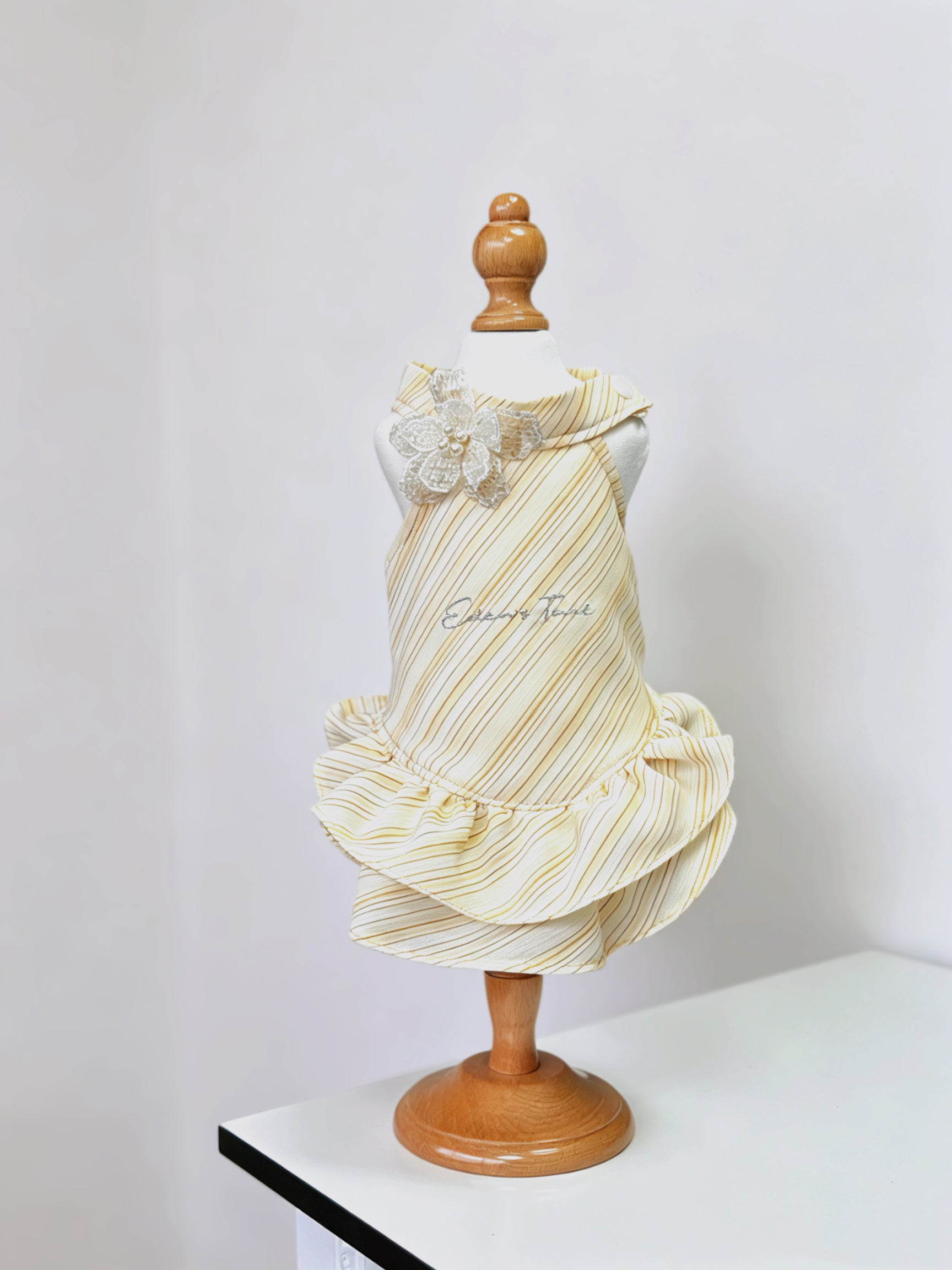 French Vintage Lemon Yellow Striped Dog Dress | Cute Princess Puppy Outfit with Pearls & Lace Flower