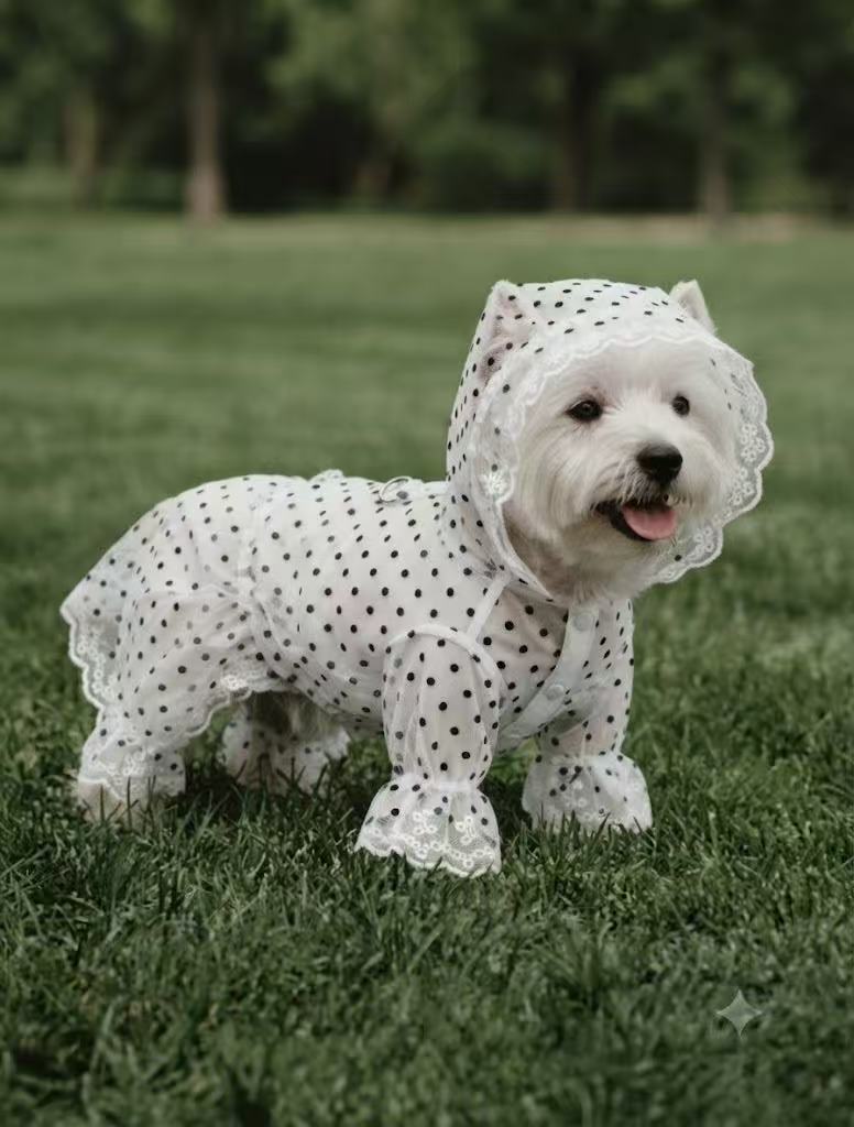 French Vintage Polka Dot Pet Raincoat with Lace Trim | Waterproof Hooded Four-Legged Dog Rain Jacket