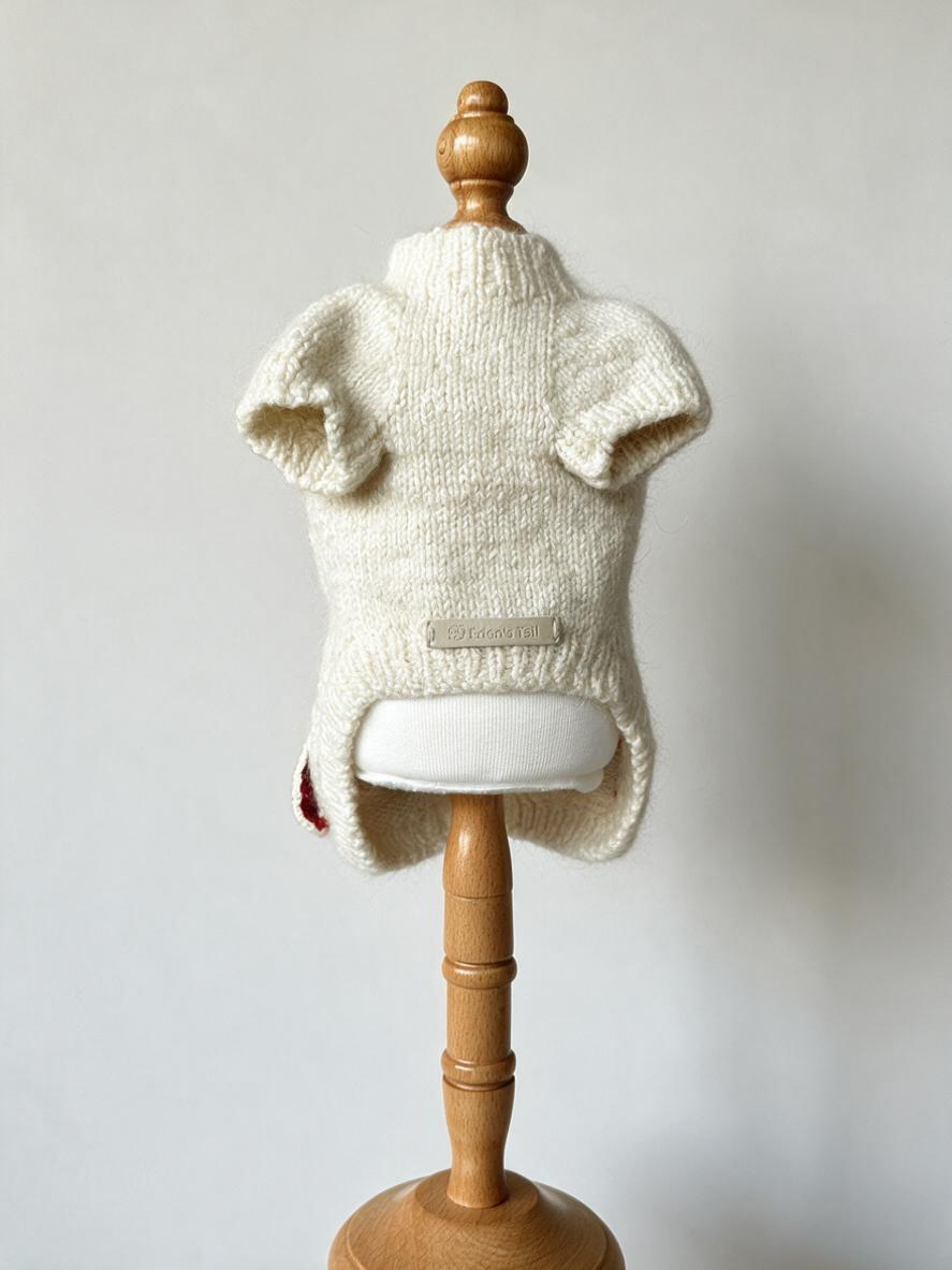 The Cream Bow Cottage Cardigan · Hand-Knitted Off-White Pet Sweater Vest with Red Crochet Bow Accents