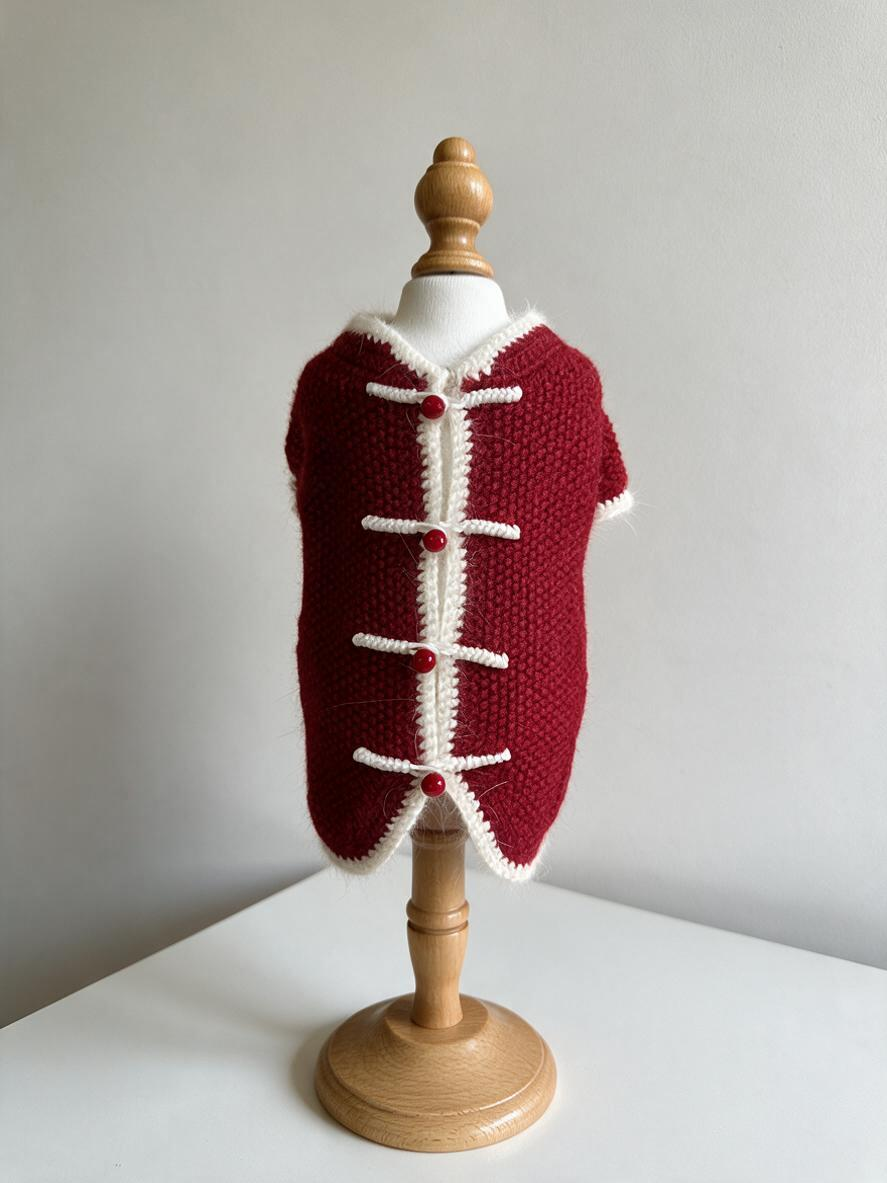 Red Chinese Style Knitted Dog Sweater Coat - Warm Plush Pet Tang Outfit  for Small Dogs & Cats