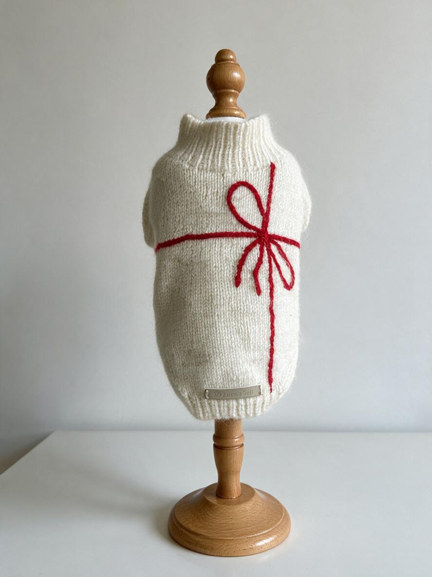 Hand-Knitted Cream White Dog Sweater | Cozy Gift Box Bow Sweater for Small Dogs & Cats