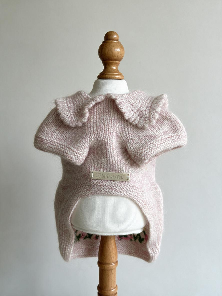 Pink Knitted Dog Sweater Dress Cardigan - Hand Embroidered Flower Warm Winter Pet Clothes with Pearl Buttons for Small Dogs & Cats