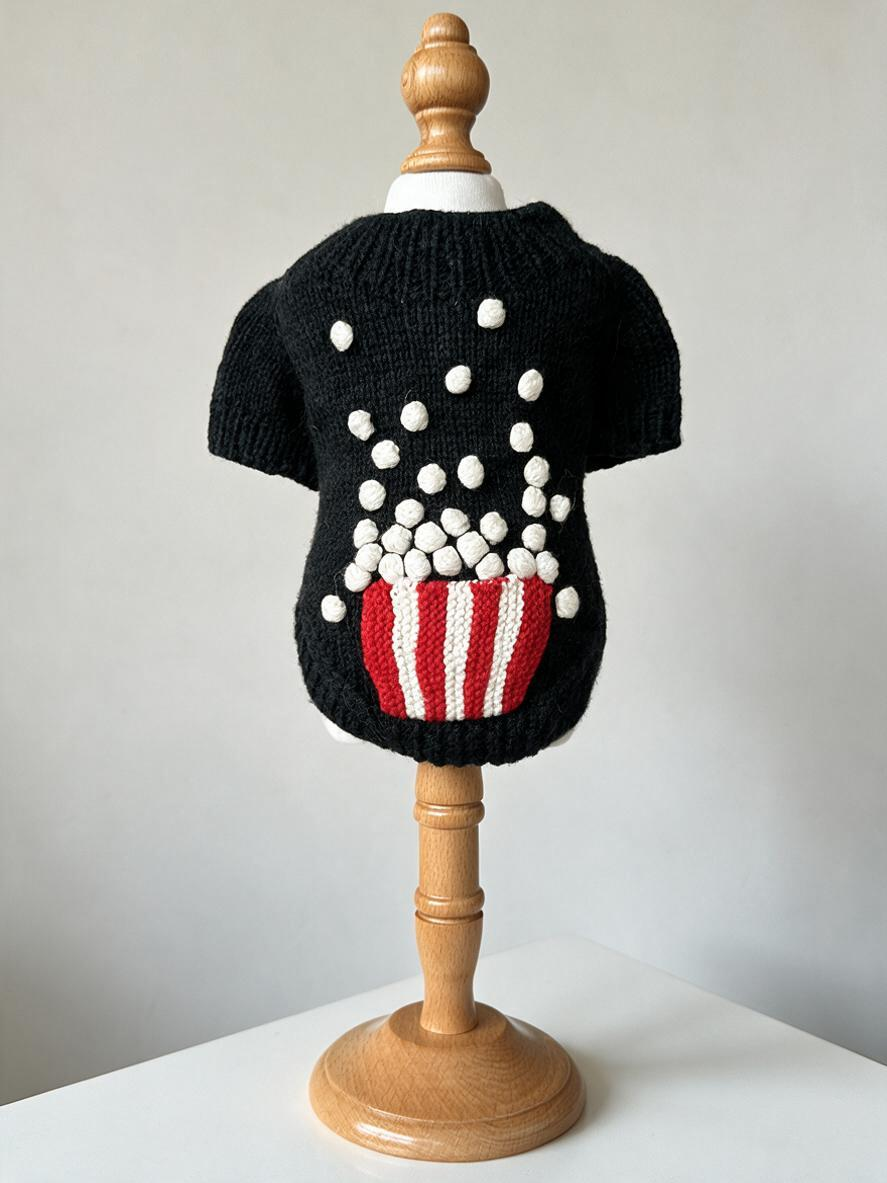 Black Knitted Sweater Cardigan - 3D Popcorn Motif Warm Winter Pet Clothes with Front Buttons for Small Dogs & Cats