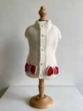 The Cream Bow Cottage Cardigan · Hand-Knitted Off-White Pet Sweater Vest with Red Crochet Bow Accents