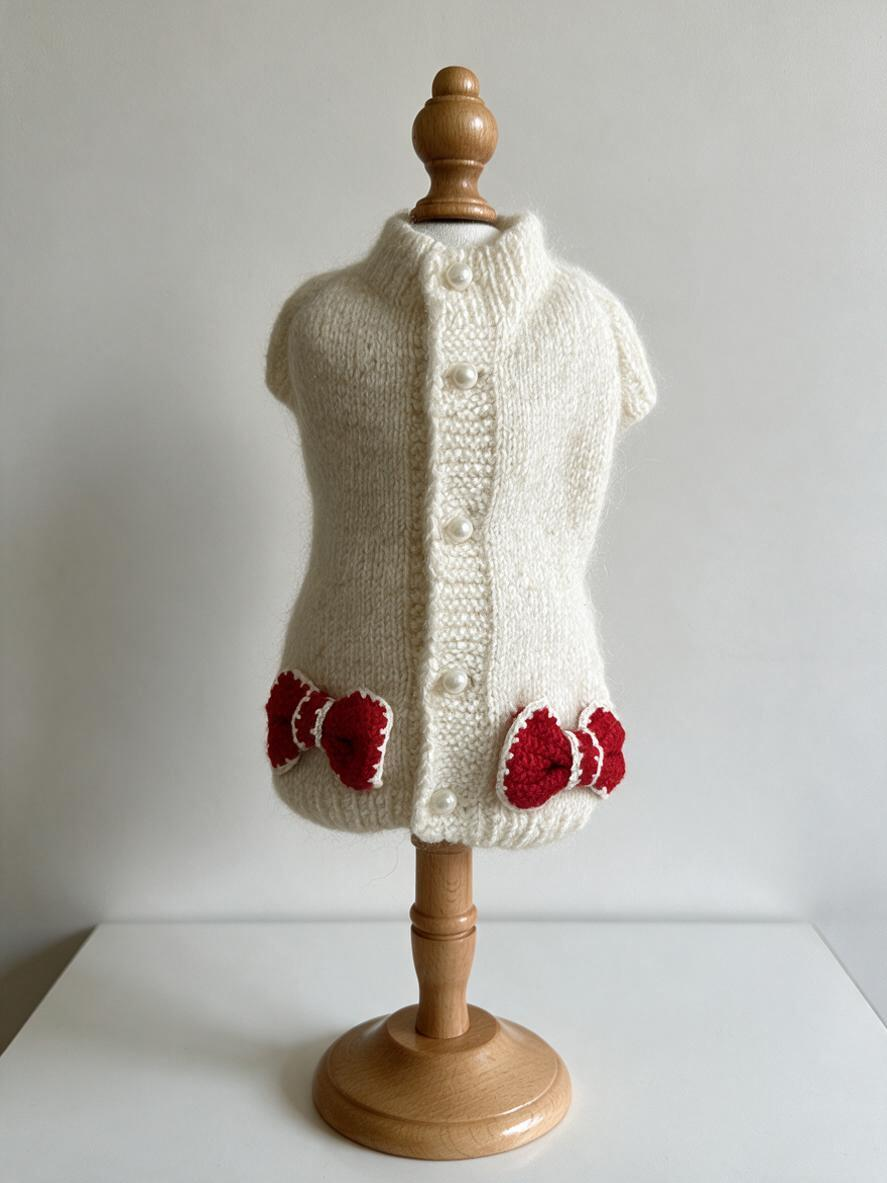 The Cream Bow Cottage Cardigan · Hand-Knitted Off-White Pet Sweater Vest with Red Crochet Bow Accents