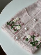 Pink Knitted Dog Sweater Dress Cardigan - Hand Embroidered Flower Warm Winter Pet Clothes with Pearl Buttons for Small Dogs & Cats
