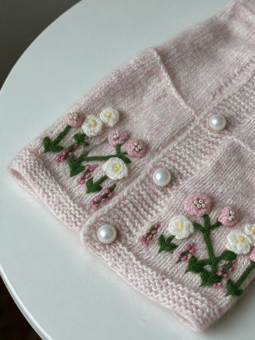 Pink Knitted Dog Sweater Dress Cardigan - Hand Embroidered Flower Warm Winter Pet Clothes with Pearl Buttons for Small Dogs & Cats