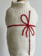 Hand-Knitted Cream White Dog Sweater | Cozy Gift Box Bow Sweater for Small Dogs & Cats