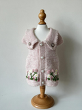 Pink Knitted Dog Sweater Dress Cardigan - Hand Embroidered Flower Warm Winter Pet Clothes with Pearl Buttons for Small Dogs & Cats