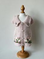 Pink Knitted Dog Sweater Dress Cardigan - Hand Embroidered Flower Warm Winter Pet Clothes with Pearl Buttons for Small Dogs & Cats