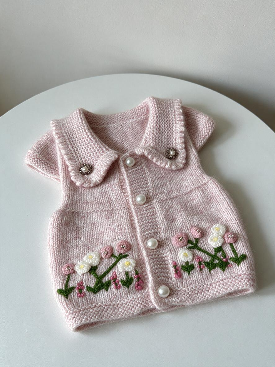 Pink Knitted Dog Sweater Dress Cardigan - Hand Embroidered Flower Warm Winter Pet Clothes with Pearl Buttons for Small Dogs & Cats