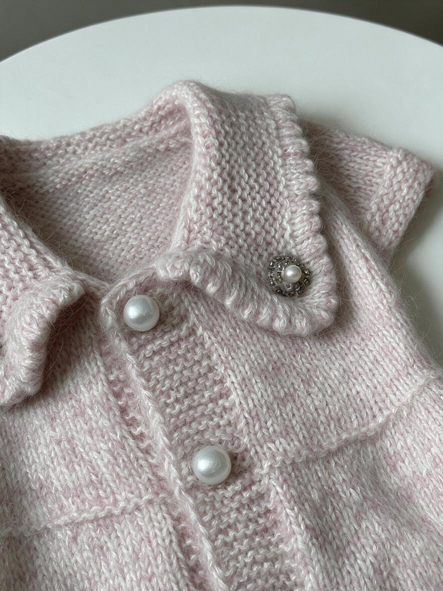 Pink Knitted Dog Sweater Dress Cardigan - Hand Embroidered Flower Warm Winter Pet Clothes with Pearl Buttons for Small Dogs & Cats