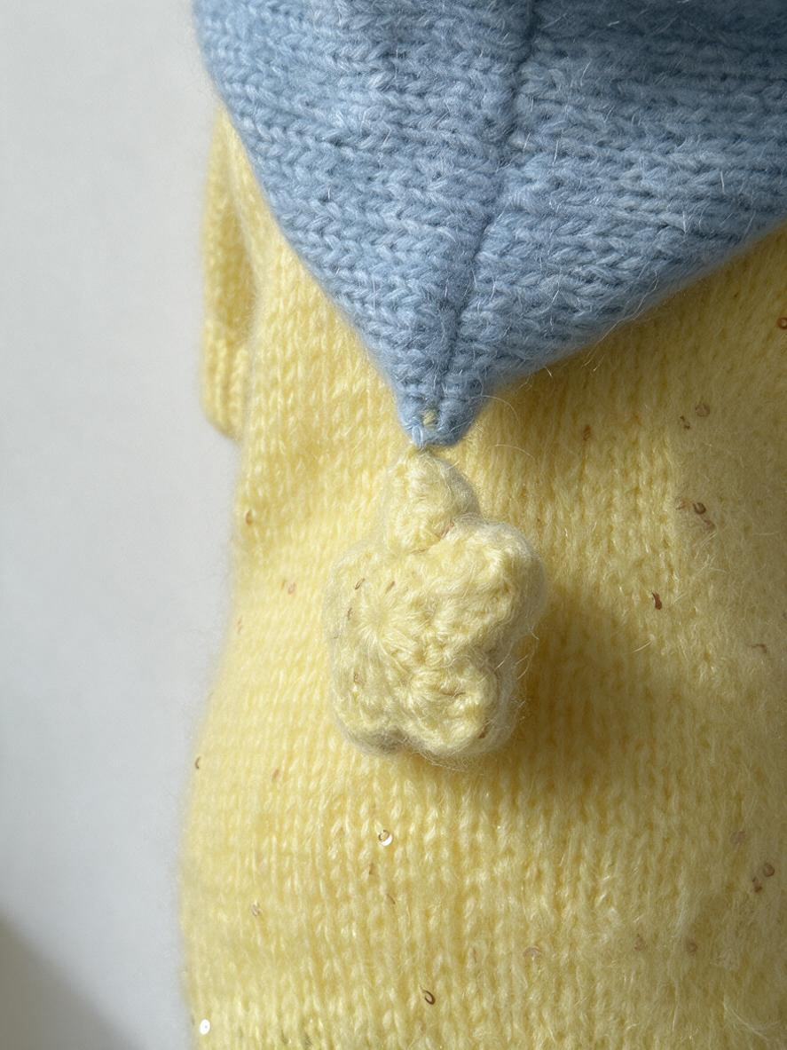 Soft Yellow Knitted Dog Hooded Sweater Cardigan - Handcrafted Warm Winter Pet Clothes with Sequin Details & Buttons for Small Dogs & Cats