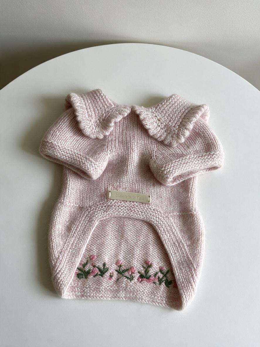 Pink Knitted Dog Sweater Dress Cardigan - Hand Embroidered Flower Warm Winter Pet Clothes with Pearl Buttons for Small Dogs & Cats