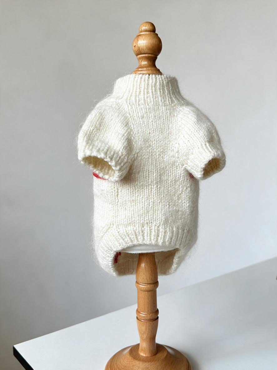 Hand-Knitted Cream White Dog Sweater | Cozy Gift Box Bow Sweater for Small Dogs & Cats