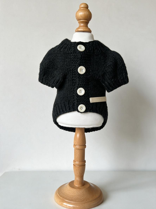 Black Knitted Sweater Cardigan - 3D Popcorn Motif Warm Winter Pet Clothes with Front Buttons for Small Dogs & Cats